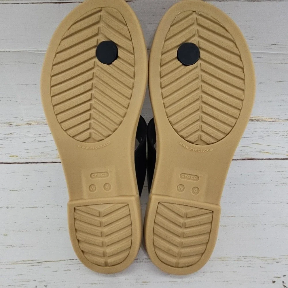 Crocs Tulum Womens Size 4 Black Flip Flop T Strap Slide Sandal‎ Beach 206752
